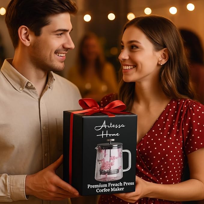 Glass French Press Coffee Maker 22oz (Pink Floral) – Double-Wall Borosilicate Ribbed Coffee Press with Stainless Steel Filter, Manual Coffee Brewer & Tea Press
