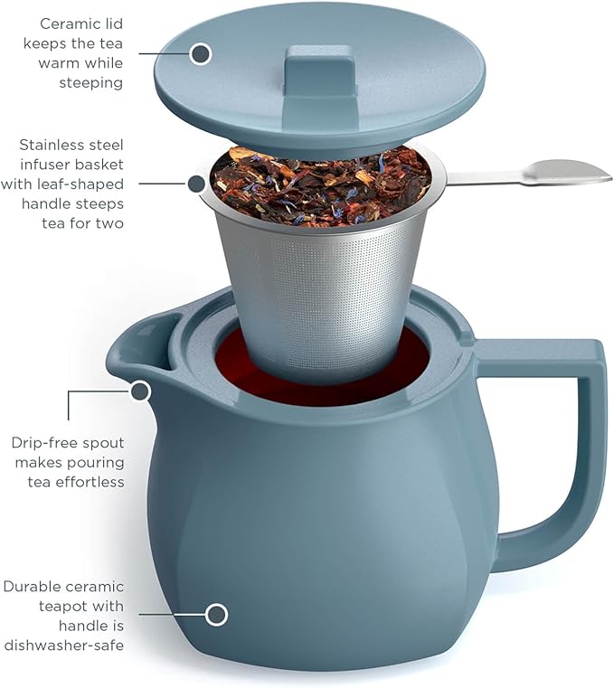 Tea Forte Fiore Ceramic Teapot with Infuser and Lid, Stone Blue, 24 oz. Ceramic Pot for Steeping Loose Leaf Tea, Dishwasher & Microwave Safe