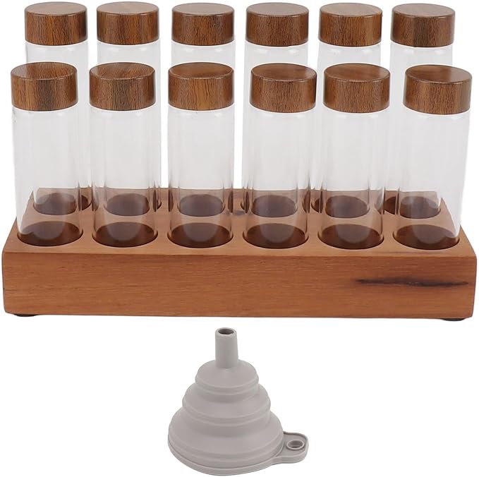 Fockety Coffee Bean Storage Tubes Single Dose, 6PCS or 12PCS Coffee Bean Cellar, Dosing Glass Vials with Lids, Wooden Display Stand and Funnel, Airtight Sealed Glass Canister Jars Tubes