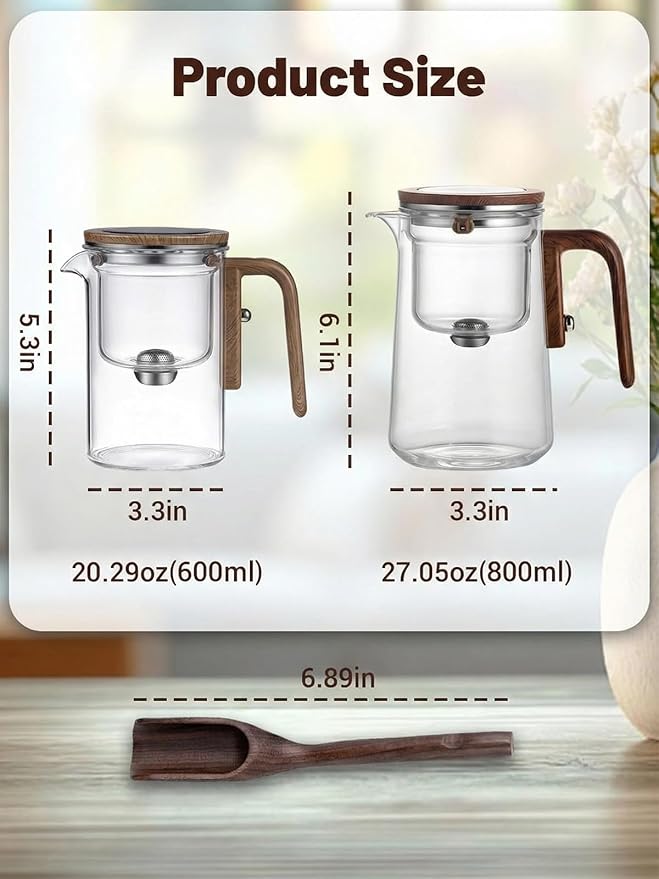 Tea Pot, Water Separation Glass Teapot with Wooden Handle, Magical Teapot, Glass Tea pot with Infuser Strainer, Magic Tea Pot (600ml)