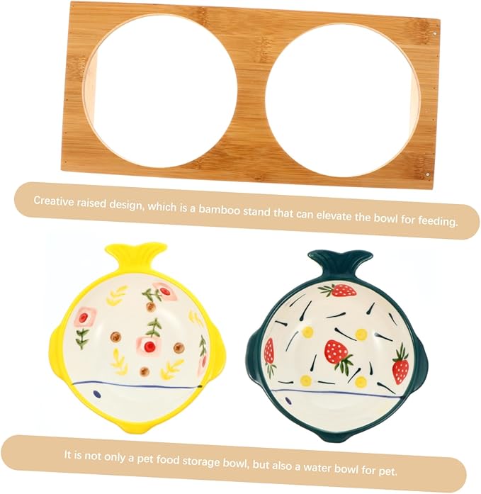 Creative Raised Cat Feeder with Bamboo Stand and Ceramic Double Bowls Reduces Neck Strain for Cats and Puppies Easy Eating and Comfortable Licking