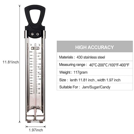 Stainless Steel Candy & Deep Fry Thermometer with Pot Clip & Handle - Analog Sugar Thermometer for Candy Making, Jam, Syrup, Oil, Chocolate, Brewing - Kitchen Cooking Food Thermometer