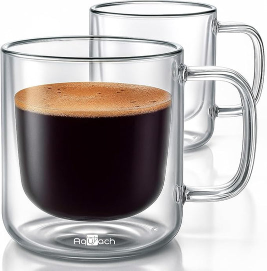 Aquach 2-Pack Double Walled Insulated 8oz Glass Coffee Mugs with Handle - Ideal for Espresso, Latte, Americano, and Cappuccino