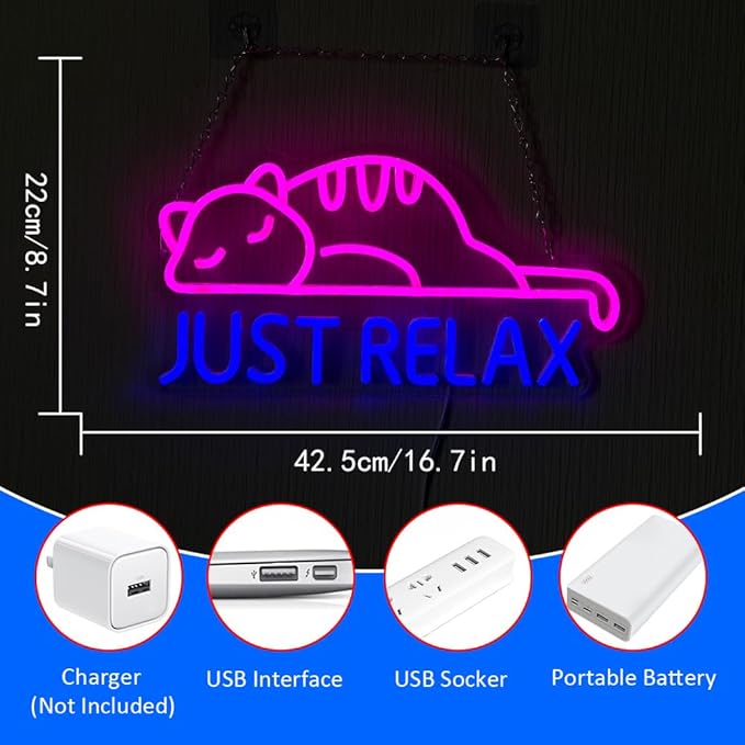 Cat Led Neon Sign Just Relax Words Neon Sign Pink Blue Led Signs for Wall Decor Animal Wall Art Neon Light Sign USB Powered for Pet Lover Party Bedroom Birthday Game Room Man Cave Gifts