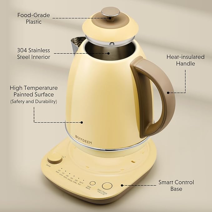 BUYDEEM K740 Electric Kettle with Temperature Control, 12H Keep Warm, Quick Boil, Stainless Steel Hot Water Boiler for Tea Coffee Milk, 1.7L, Mellow Yellow