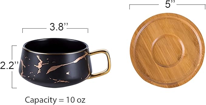Jusalpha 10 oz Golden Hand Print Tea Cup And Saucer Set/Coffee Cup And Bamboo Saucer Set TCS19 (Black)