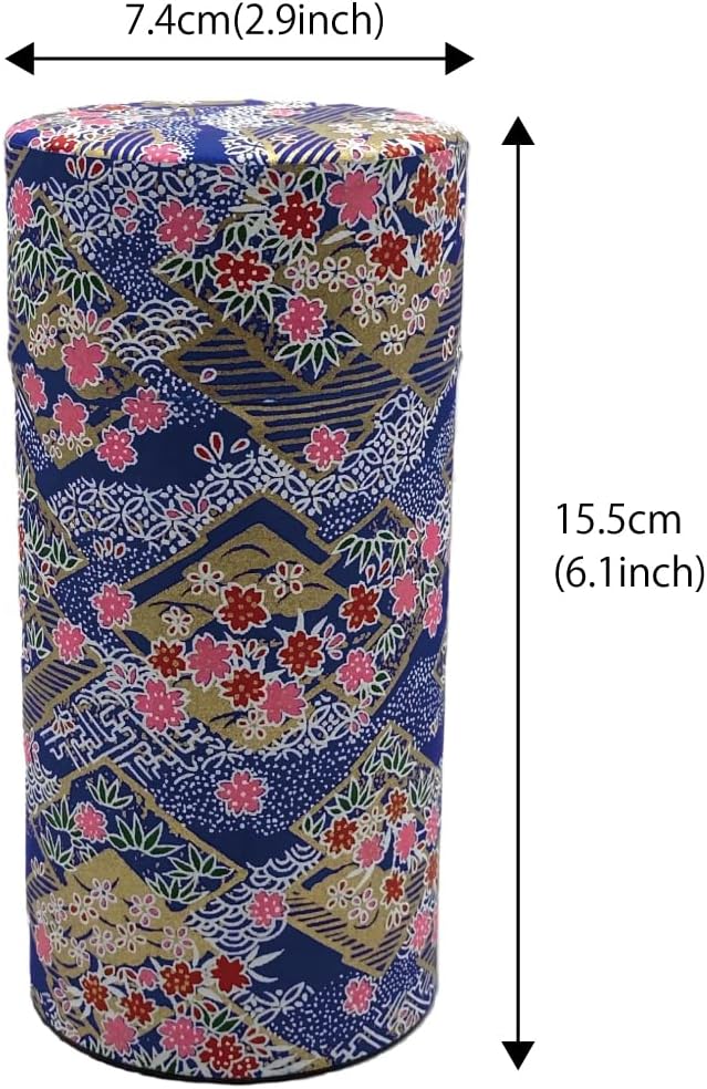 Japanese Tea Canister Tin Sakura Blizzard on a Rhombus Pattern Blue/Double Lid/Japanese YUZEN Washi Paper Pasted /200g Tea Capacity/Loose Leaf Tea Storage/Storage Container with Lid