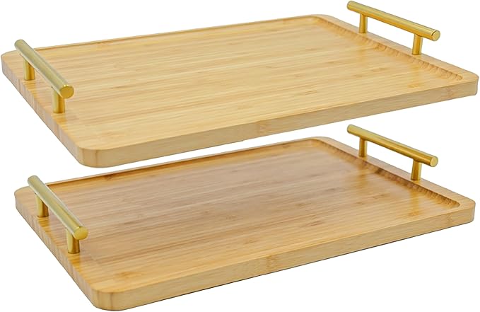2 Pack Bamboo Serving Tray with Metal Handles, 15.8×11.4“ Solid Wooden Tray for Food, Rectangular Decorative Tray for Ottoman, Coffee Table, Living Room, Bathroom, Party