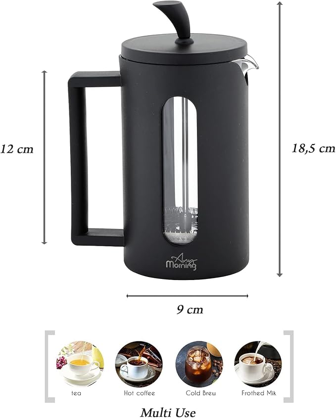 Any Morning Coffe Maker, Stainless Steel Borosilicate Glass French Press, Tea Press for Loose Tea, BPA Free, Heat Resistant Durable, Easy to Clean, 20 oz, Black
