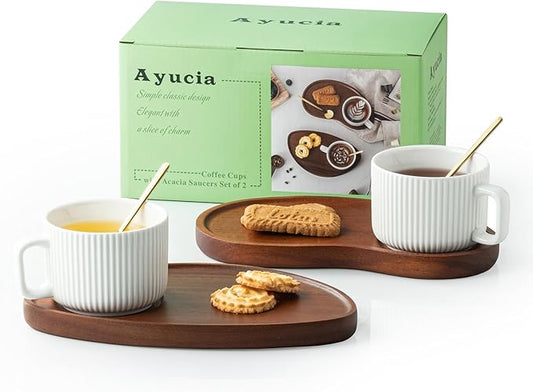 Tea Cups and Saucers Set of 2, 8OZ Cappuccino Cups with Acacia Serving Saucers and Spoons, White Cream Ceramic Coffee Mugs with 9.4inch Wooden Plates for Latte Dessert Breakfast