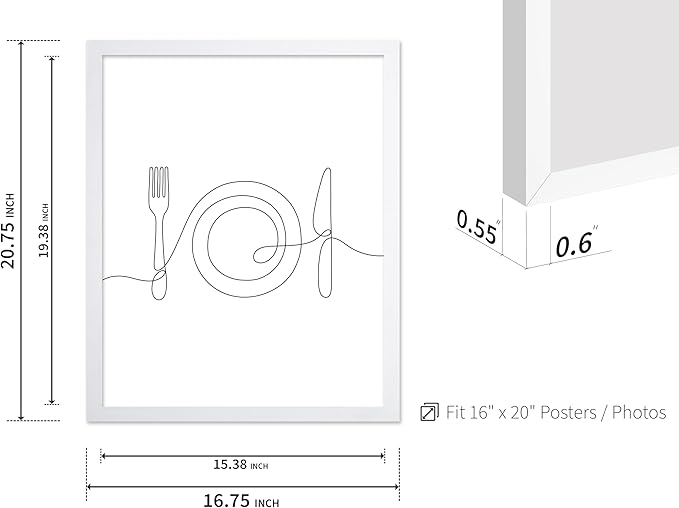 Poster Master Vintage Minimalist Poster - Retro Illustration Print - Fork, Plate, Knife, Line Drawing, Simple - Gift for Artist, Friend - Wall Decor for Kitchen, Restaurant, 16x20 White Framed
