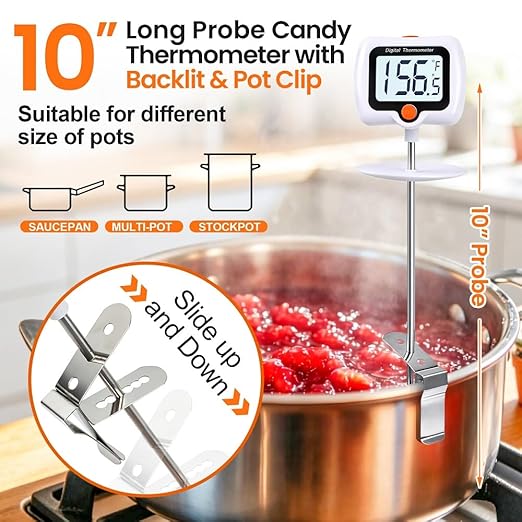 Candy Thermometer for Candy Making with Pot Clip,Best Instant Read Thermometer Digital for Cooking, Baking, Candy and Cheese Making – 10 Inch Probe, Large Rotating LCD Display, Essential Baking Tool