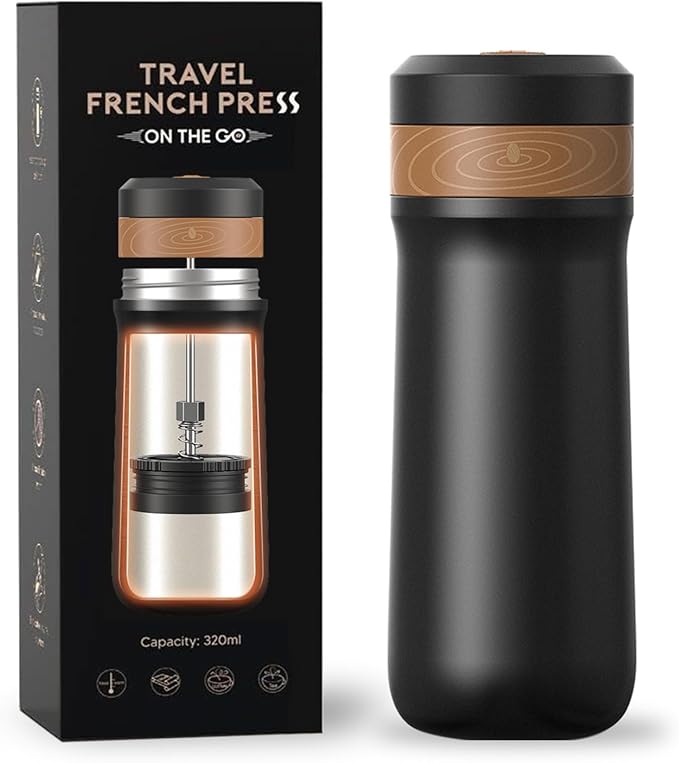 French Press Coffee Maker, 320ML, Stainless Steel, Portable, Hot & Cold Brew, Vacuum Insulated Travel Mug