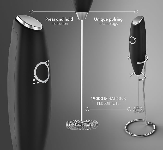 Handheld Milk Frother with Stand – Electric Milk Frother for Coffee, Latte, Cappuccino & Matcha – Battery Operated Drink Mixer, BPA-Free Stainless Steel Whisk, Portable Mini Foam Maker (Black)