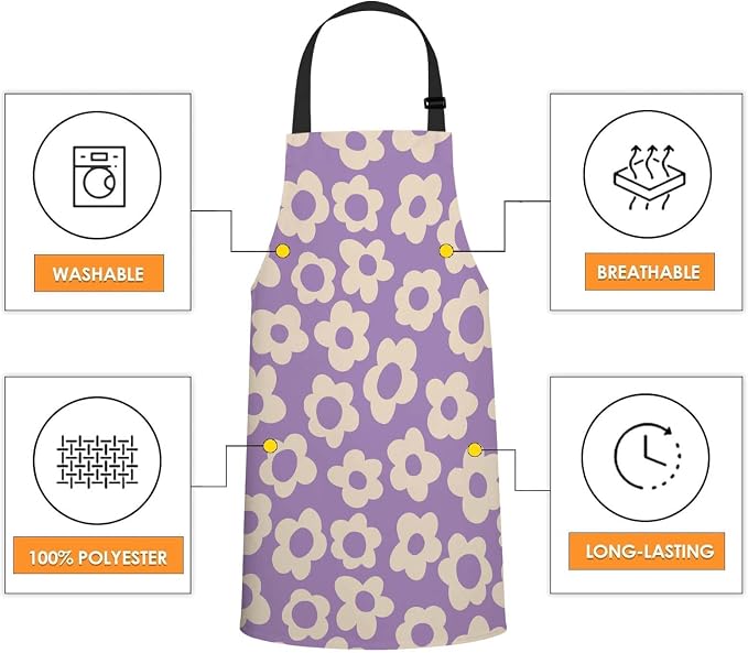 Vintage Groovy Purple Flowers Apron Adjustable Neck Bib Apron for Men Women,Suitable for Kitchen Cooking Waitress Chef Apron - Image 4
