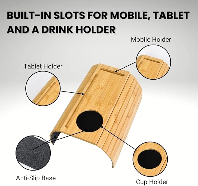 Bamboo Sofa Arm Tray, Couch Armrest Tray - Natural Bamboo Design Couch Armrest Table Caddy for Snacks, Drinks, Remote, Cups | Flexible & Foldable (Natural Bamboo)