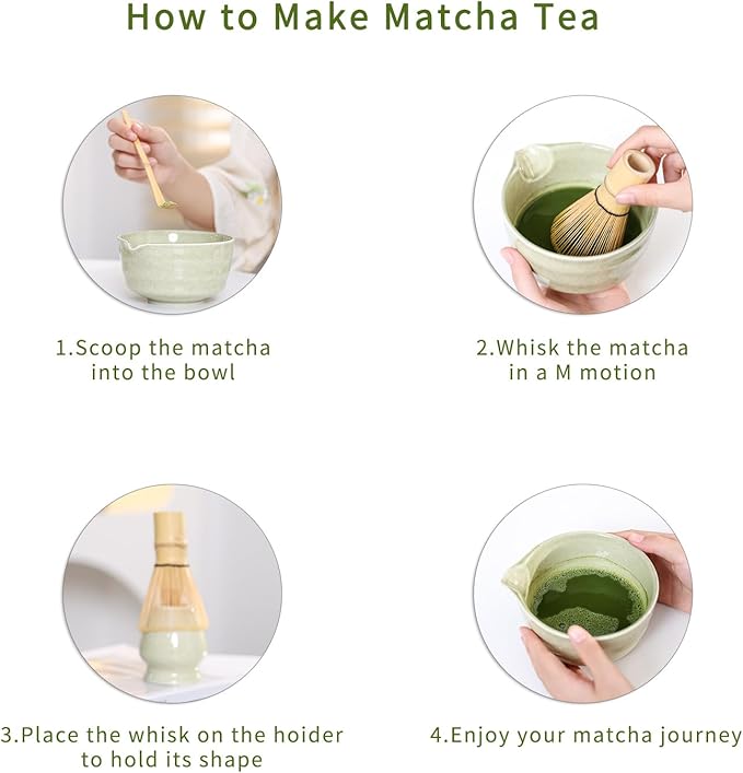 Matcha Set Match Bowl with Spout and Matcha Whisk Holder Whisk Tea Set Includes and Bamboo Scoop Ceramic 17 OZ - 4pc Perfect Matcha Kit for Matcha Tea Ceremony (Mottled Green)