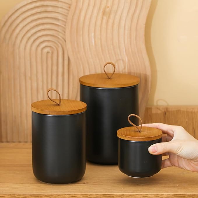 MilkyWay Ceramic Food Storage Jar, Storage Canisters with Airtight Seal Bamboo Lid Modern Design Seal Damp-Proof Kitchen Jar for Coffee, Tea, Spice and More (Black 800ml)