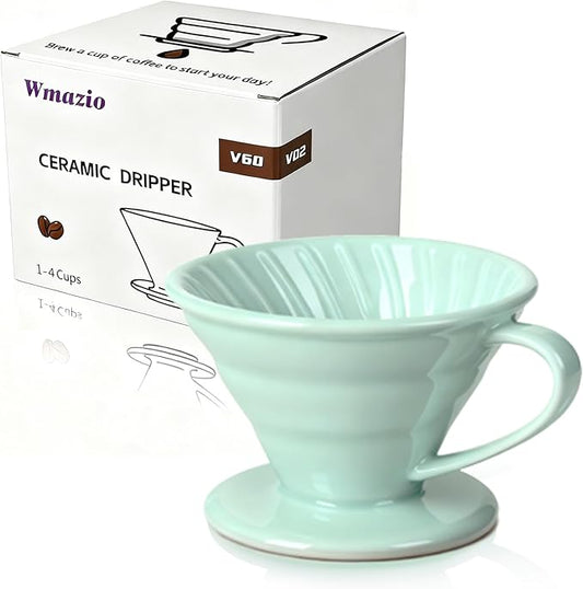 Pour Over Coffee Dripper - Ceramic Cup, Pour Over Coffee Maker Cone, Porcelain Cone, Easy Manual Brew Maker - Strong Flavor Brewer for Home, Cafe, Office - 1-4Cup, V60 Size 02 (Lake Green)