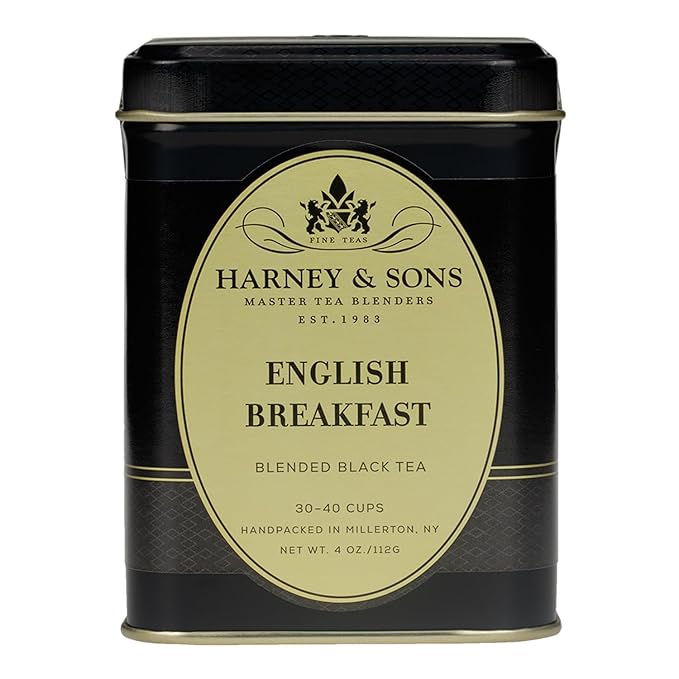 Harney and Sons English Breakfast Loose Black Tea – 4oz Loose Leaf Tin, Pure China Keemun, Bold, Full-Bodied Flavor, Great for Hot, Iced, or Teapot Brewing, Caffeinated