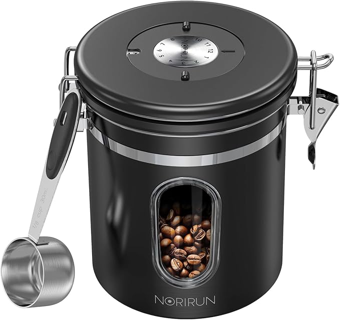 Coffee Canister with Window, 22oz Stainless Steel Airtight Container for Coffee Beans, Grounds, Tea, Sugar, Flour, Cereal - Includes Date Tracker & Scoop