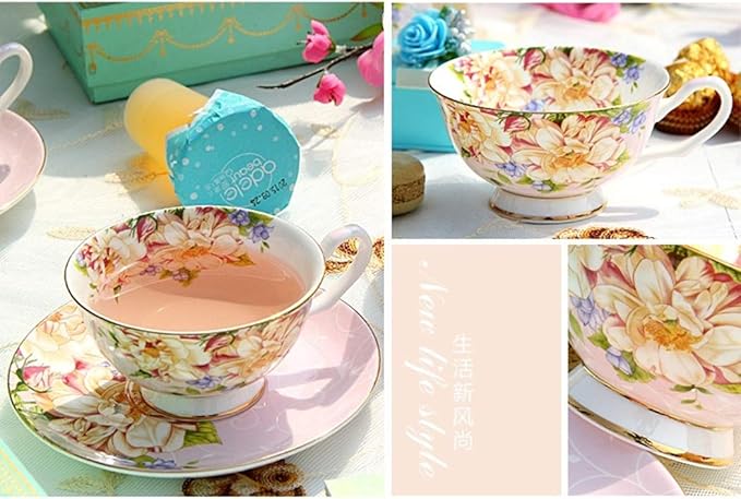 Vintage Ceramic Teacup, Elegant Coffee Cup with Spoon and Saucer Set, Fine Royal Bone China Tea Cups (Pink)