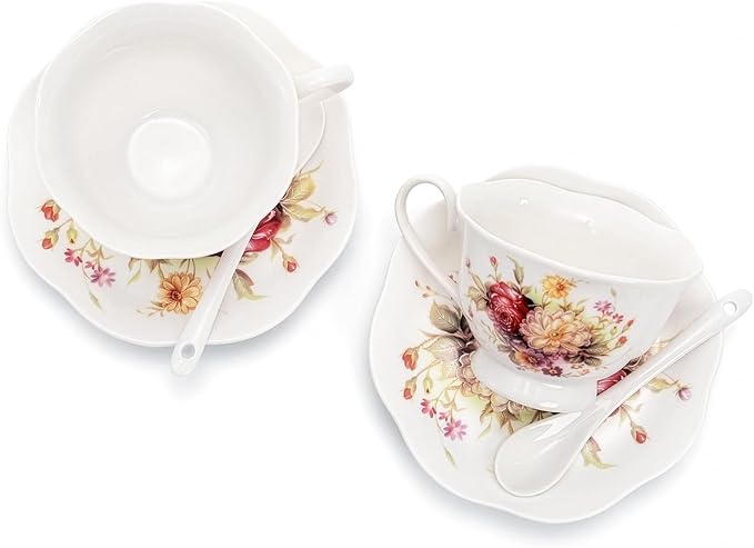 Foraineam Floral Tea Cup with Saucers and Spoons Set of 6 - Coffee Cups and Saucers with Gold Trim - 6 oz Porcelain Ivory Latte Cup and Espresso Mug for Coffee Drinks and Tea