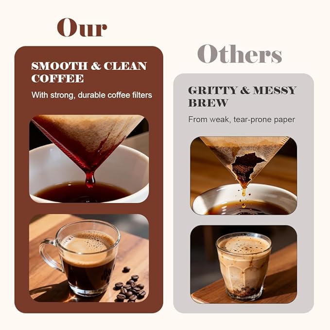 YQL 400 Count Coffee Filters, Size 02 Natural Brown Cone Filter Paper Compatible with Drip Makers and Pour Over Brewers, V-Shaped Unbleached Disposable Filters, Clean Taste & Strong Design