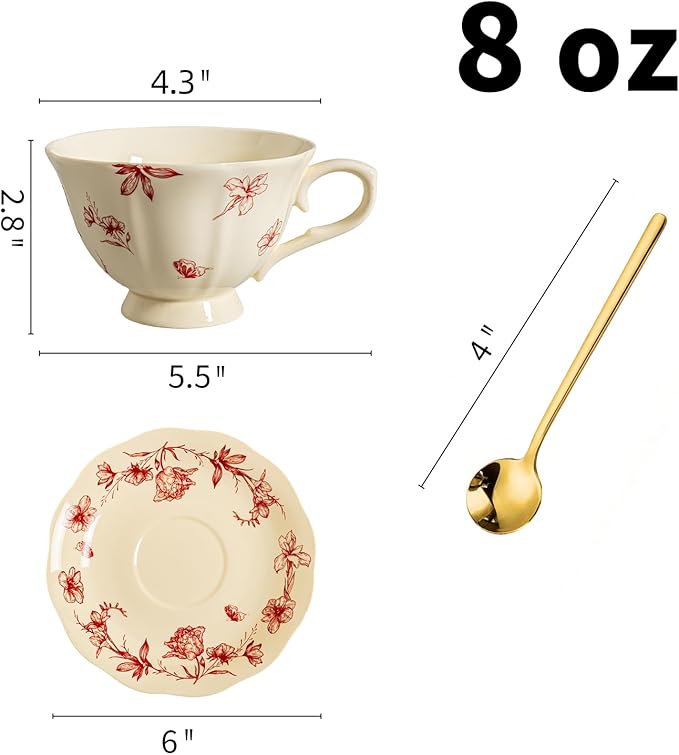 Vintage Porcelain Tea Cup and Saucer Set for 1, 8 oz Cappuccino Cup with Golden Spoon, Small Cream Red Floral Latte Art Cup, Happy Birthday Gifts