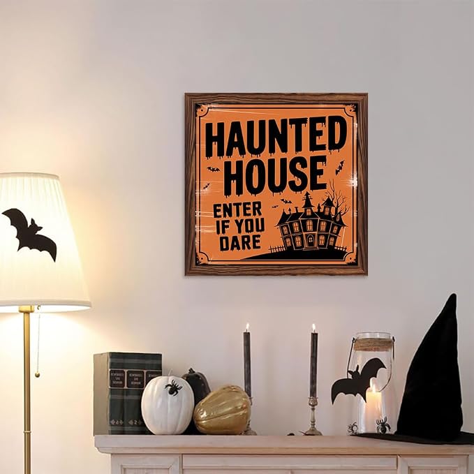 Vintage Halloween Haunted House Enter If You Dare Wooden Sign 7.87x7.87 Inch, Halloween Wall Art Wooden Sign For Porch, Bathroom, Cafe, Bar, Office Hanging Decor - Image 5