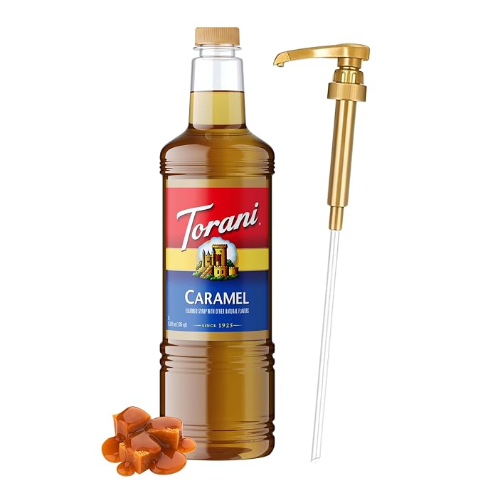 Torani Caramel Syrup 1 Liter Bottle with Pump – Premium Coffee Flavoring Made with Pure Cane Sugar & Natural Flavors for Lattes, Frappes, Desserts, Cocktails & More – Café-Quality Sweetener by Torani
