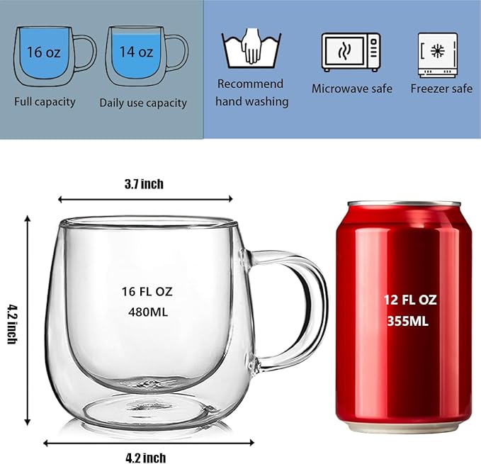 Double Wall Glass Coffee Mugs 16oz Set of 2 Insulated Clear Tea Cups with Handle, Perfect for Espresso, Latte and Cappuccinos