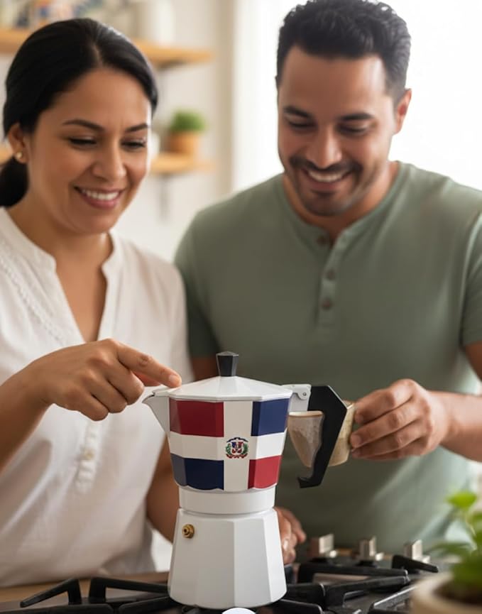 PRK 14 Dominican Republic Coffee Greca Pot – Classic Domicano Stovetop Espresso Maker with DR Flag Design – Traditional Moka Style Cafetera for Rich Dominican Cafe at Home 6 Cups