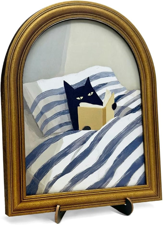 3D Cute Cat Reading Bedroom Decor Sign, Funny Cat on Bed Modern Wall Art Sign for Bedroom Living Room Wall Table Shelf Decor 8x10 Inch