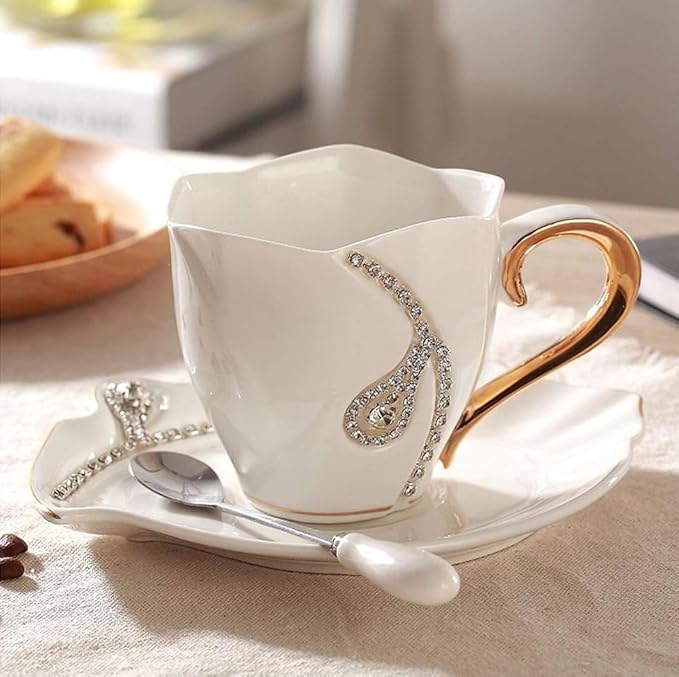 Ceramic Tea Cup and Saucer Set Decorative Rhinestone Coffee Mug Gift for Women 7oz (White)