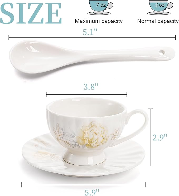 Tea Cups and Saucers Set of 6, 7 Oz Floral Tea Cups, White Porcelain Tea Cup with Saucer, British Coffee Cups Sets for Women Teas Party, Cappuccino, Latte, Microwave Safe