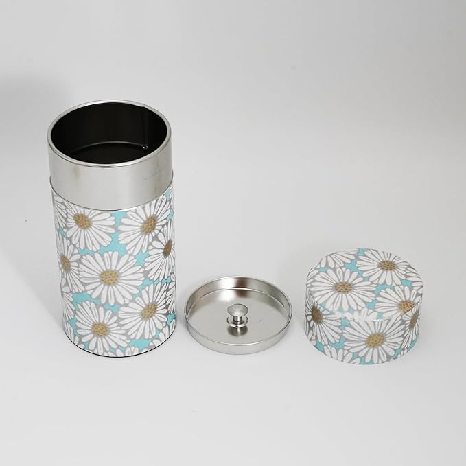Kyoto Floral Tin Tea Canister - 7 oz Traditional Japanese Yuzen Paper Design, Airtight Storage for Fresh Tea Leaves, Ideal for Tea Ceremony Accessories Collection (Light Blue)