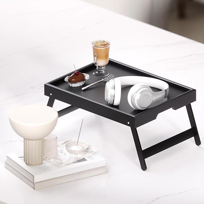 2 Pack Bamboo Bed Tray Table with Folding Legs,Breakfast Trays,Serving Tray for Food and Snack,Laptop Trays for Working(Black)