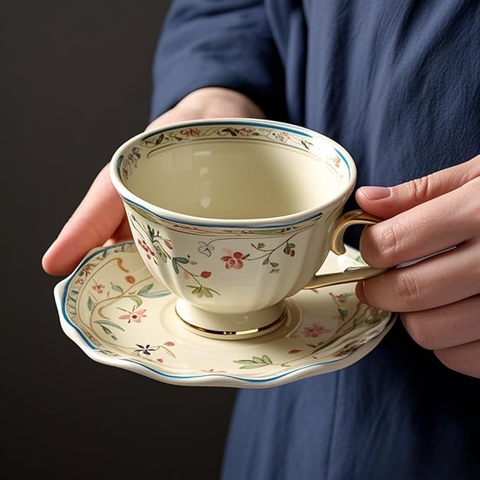 8 oz Vintage flower Ceramic cup and 6" saucer set with Brand customized stainless steel spoon Gifts for Afternoon Tea Coffee Hour (A)
