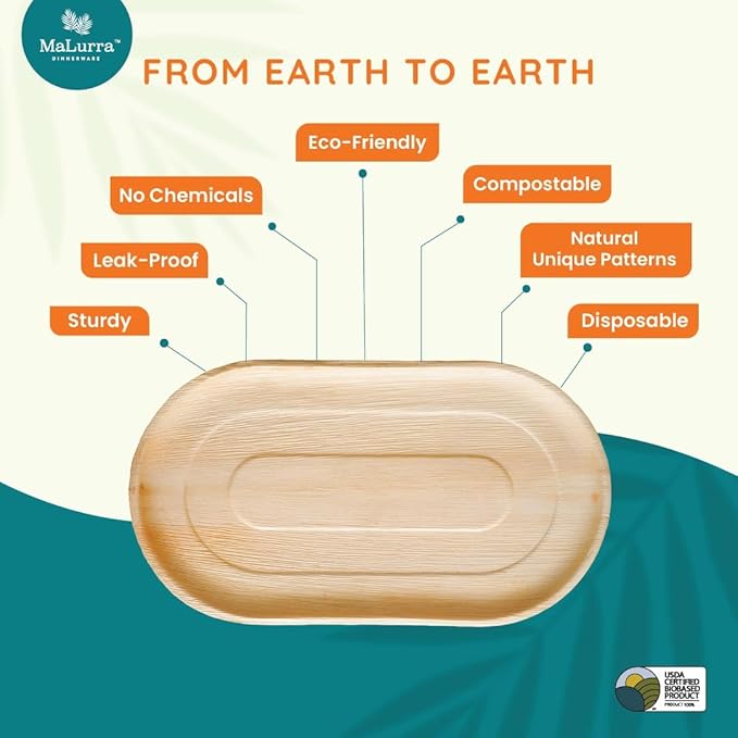 22"x12" Oval Tray - 50 PCs Disposable Serving Palm Platters Like Bamboo Charcuterie Tray | Biodegradable | Disposable | Eco-Friendly, Heavy Duty, Bulk | For Parties, Weddings, BBQs & Catering