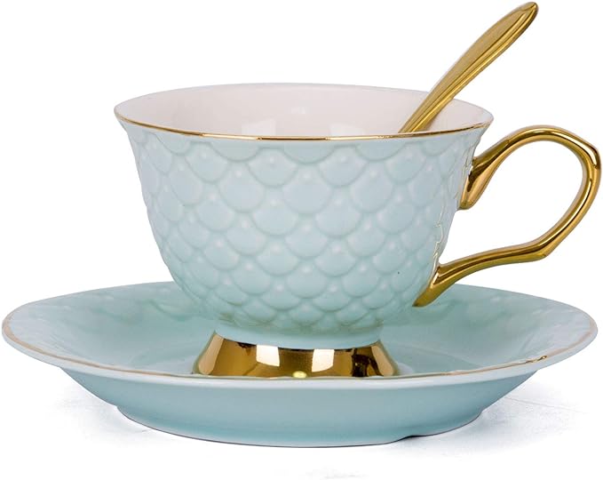 VanEnjoy Blue Vintage 8 Ounces Porcelain Coffee Cup, Tea Cup and Saucer Set and Saucer with Decorative Scale Pattern, vintage