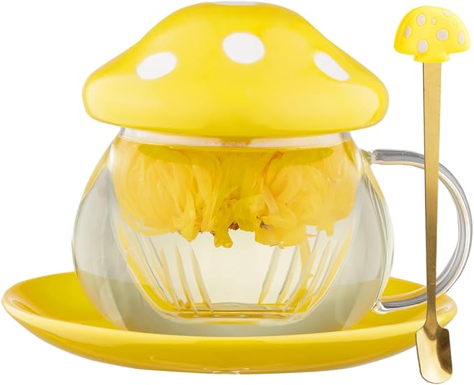 Mushroom Tea Cup Set, Cute Glass Tea Cups and Saucers, Kawaii Tea Cup with Infuser for Loose Leaf Tea Steeper, Coffee Mug Christmas Gifts for Women,Tea Infuser Mug with Lid for Mother Girls (Yellow)