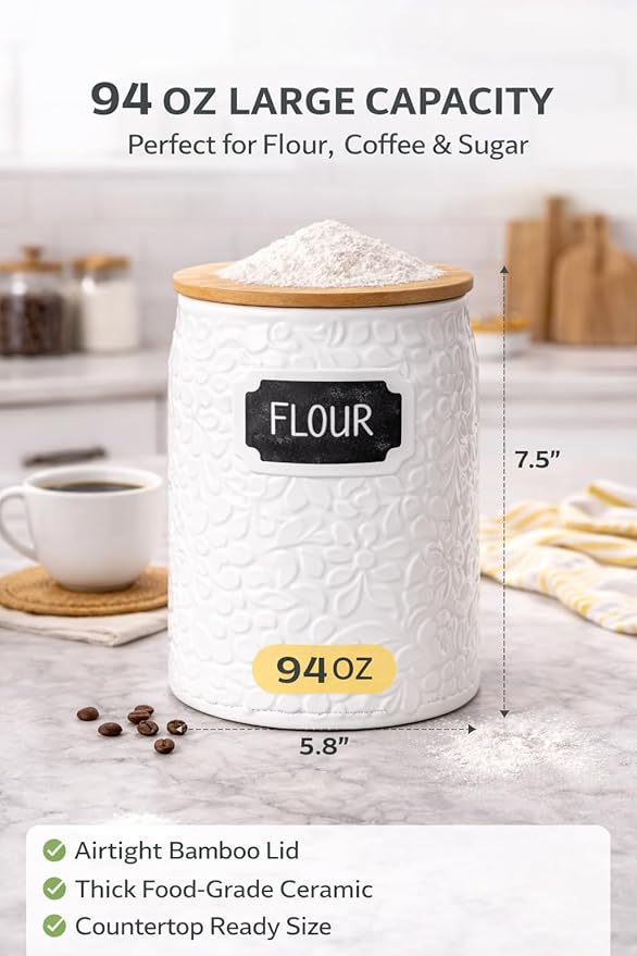 Ceramic Canister for the Kitchen (94oz/2779ml) – Airtight Kitchen Counter Storage with Bamboo Lids, Decorative Flour Sugar Coffee Jars for Pantry & Home
