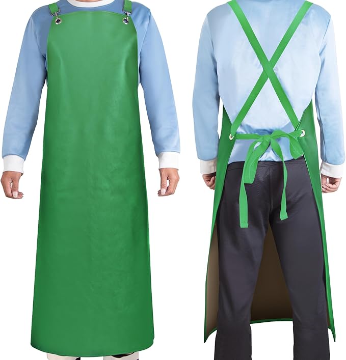 SHEOMERN Waterproof Rubber Apron, 43" Anti-Tear Heavy Duty Vinyl Adjustable Thicker Cross Back Dishwasher Apron for Restaurant Dishwashing, Butcher, Lab Work, Dog Grooming Green