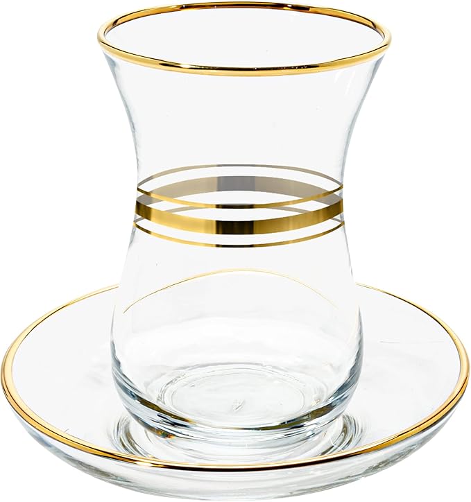 Vikko Turkish Tea Glasses & Saucers, 4 Oz Authentic Turkish Tea Cups,Set of 6 Clear Glass Tea Cups And Saucers, Gold Accented Turkish Tea Cup Set, 6 Cups and 6 Plates