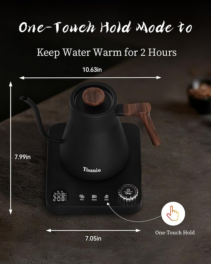 Gooseneck Electric Kettle for Pour Over Coffee, ±1°F Temperature Control, Smart Heating, 304 Stainless Steel, Fast Boil & 2-Hour Keep Warm, 0.9L,Wood Black