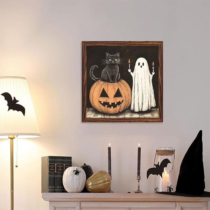 Halloween Decorative Sign Black Cat, Ghost, Pumpkin Wooden Sign, With Frame Farmhouse Festival Plaque Sign for Home Office, Cafe, Bathroom Halloween Decor 7.87x7.87 Inch - Image 5