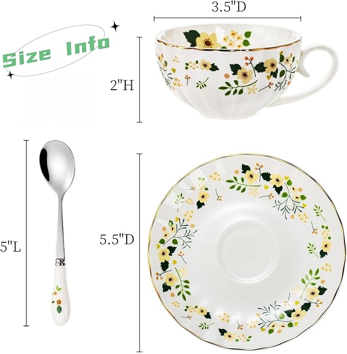 Lyellfe Set of 2 Tea Cup and Saucers, 6 Oz Floral Tea Cups with Spoon Gold Trim, Porcelain Bone China British Coffee Cappuccino Espresso Latte Mugs for Party Birthday Wedding Gifts