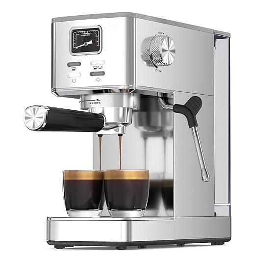 Espresso Machine 20 Bar, Stainless Steel Coffee Machine with Steam Milk Frother & 47oz Removable Water Tank, Hot Water Function for Home Cappuccino, Latte