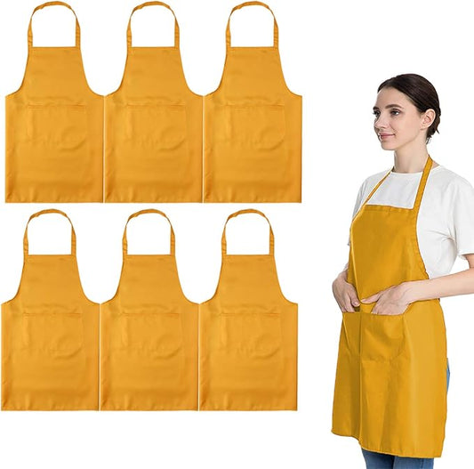 Total 6PCS Yellow Apron for Adult Women Unisex Durable Comfortable with 2 Front Pocket Washable Plain Color Bib Chef Apron for Cooking Baking Kitchen Restaurant Crafting Painting Party by LOYHUANG